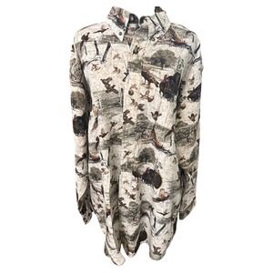 Redhead Mens Wildlife Print Button Down Shirt Tan Turkey Pheasant Hunting XL